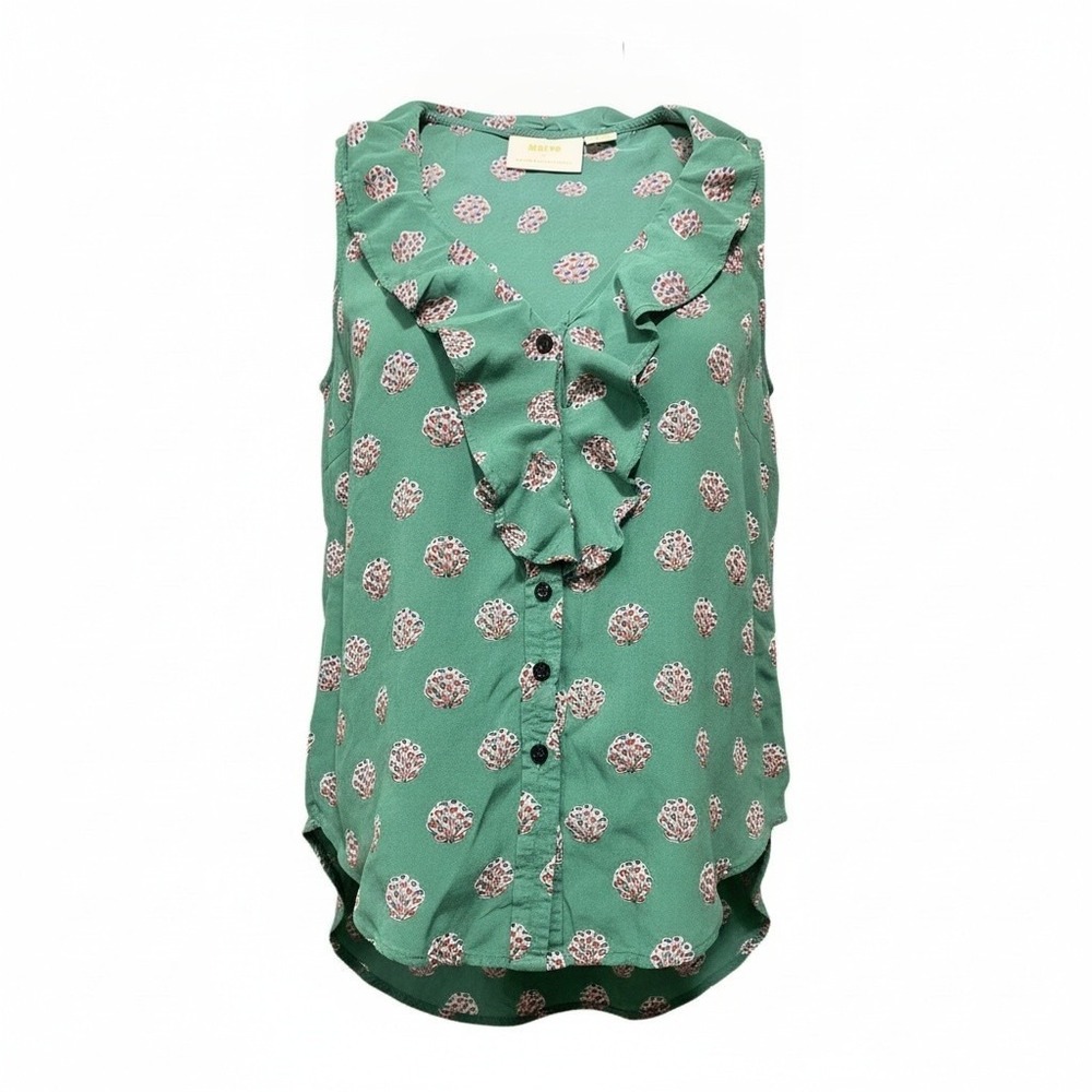 Maeve Anthropologie Ruffle V-Neck Sleeveless Top Womens 4 Green Rayon Shell